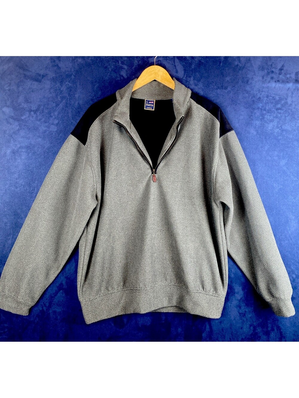 T. Harris London Gray Herringbone  Pullover Elbow Patch Zip Neck Sweater Men's M